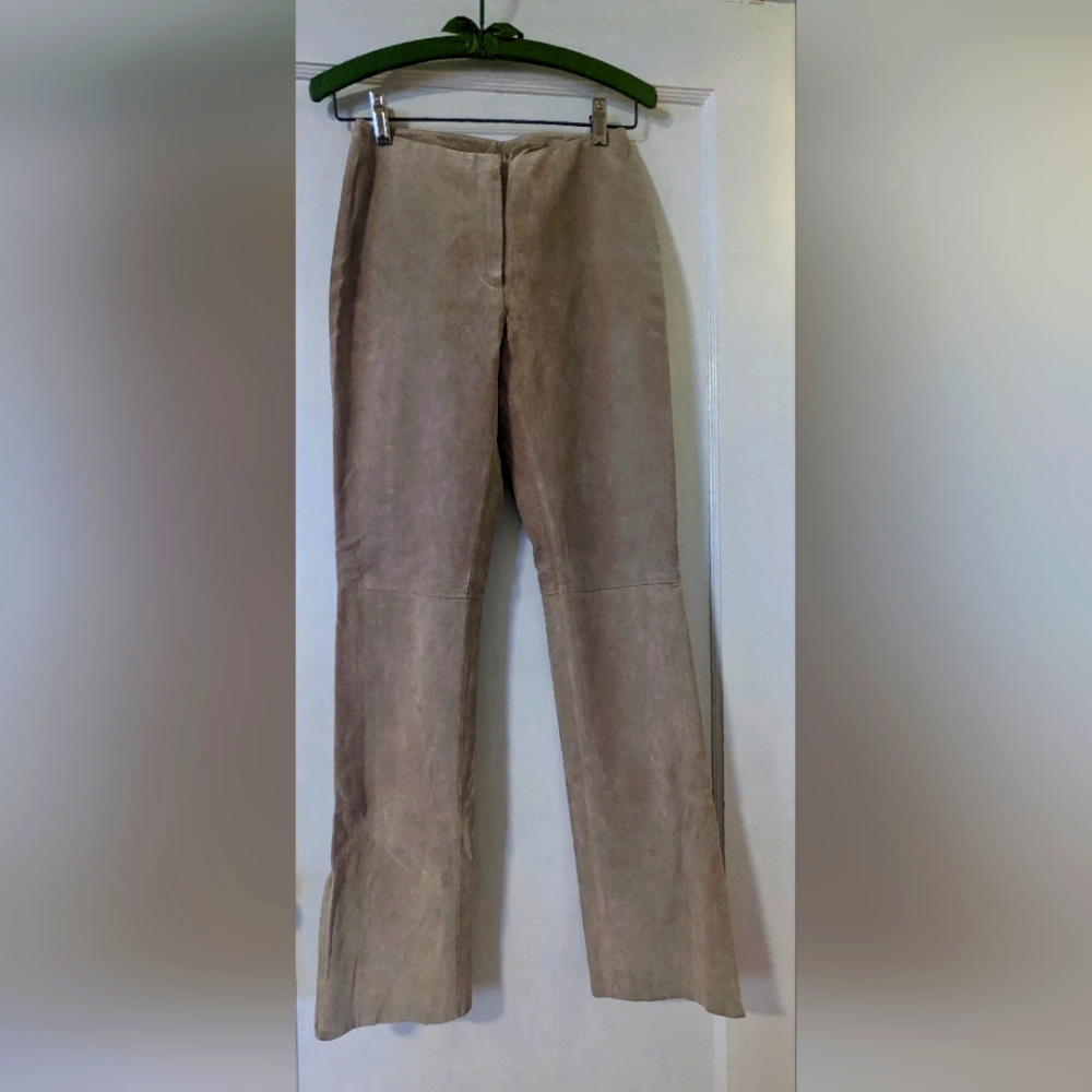 Bebe Women's Beige Suede Mid Rise Zipper Slit Straight Leg Lined Pants.